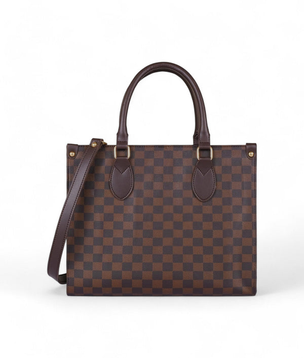 Dark brown grid checkered handbag