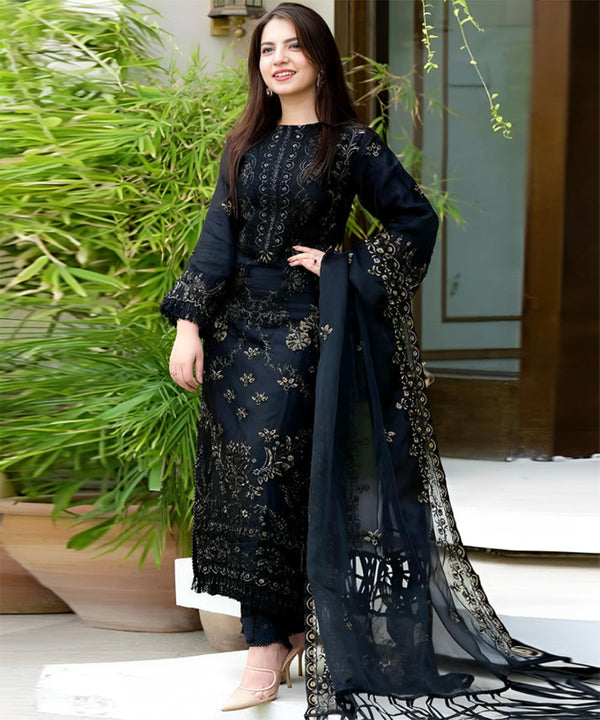 BLACK Lawn 3PC Embroidered Shirt with Organza Embroidered Dupatta- 1020