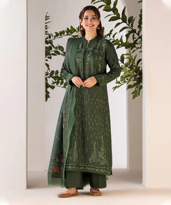 SOBIA NAZIR - 3PC DHANAK EMBROIDERED SHIRT WITH TWILL PRINTED SHAWL AND TROUSER-695