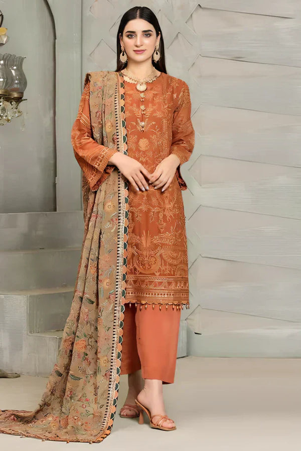 Mushq Linen 3PC Embroidered With Chiffon Embroidered Dupatta-672