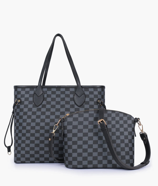 Black checkered tote bag with pouch