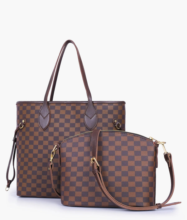 Brown checkered tote bag with pouch