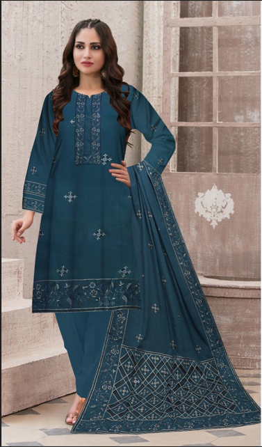 Female Studio Karandi 3PC Embroidered With Lasercut Karandi Shawl Embroidered-2100